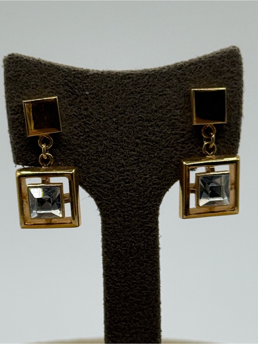 Gold-Tone Square Drop Earrings with Clear Gemstones